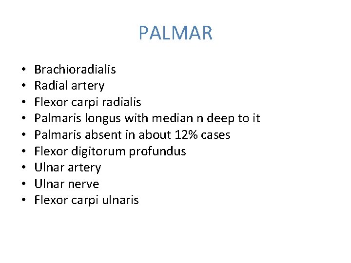 PALMAR • • • Brachioradialis Radial artery Flexor carpi radialis Palmaris longus with median