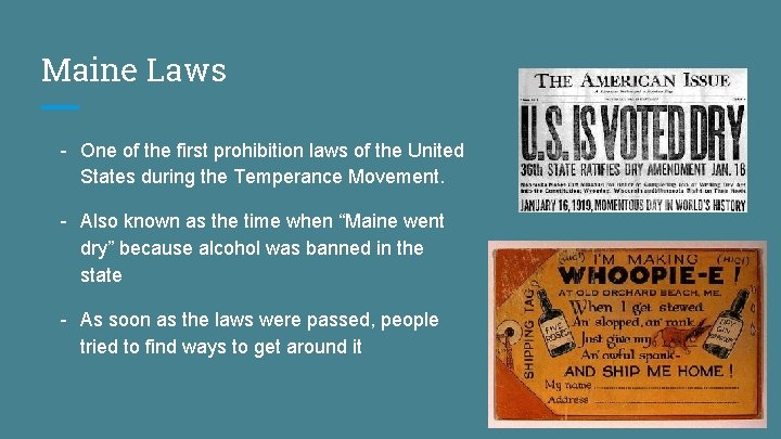 Maine Laws - One of the first prohibition laws of the United States during