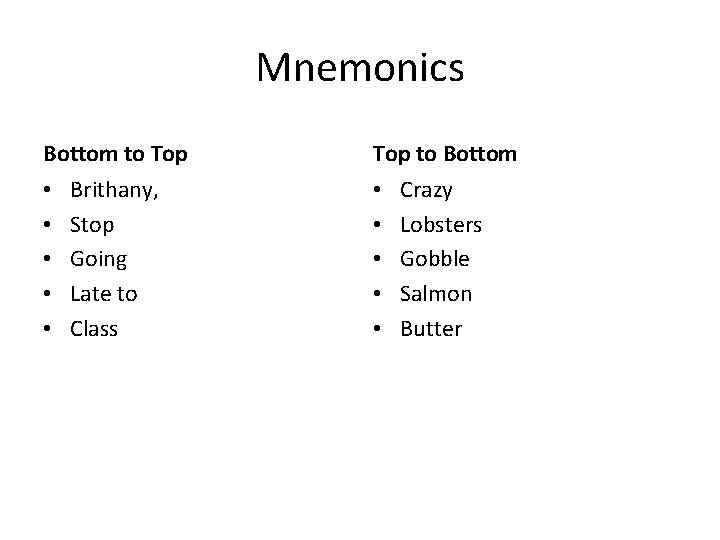 Mnemonics Bottom to Top • • • Brithany, Stop Going Late to Class Top