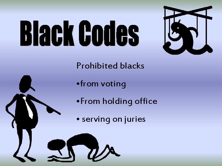 Prohibited blacks • from voting • From holding office • serving on juries 