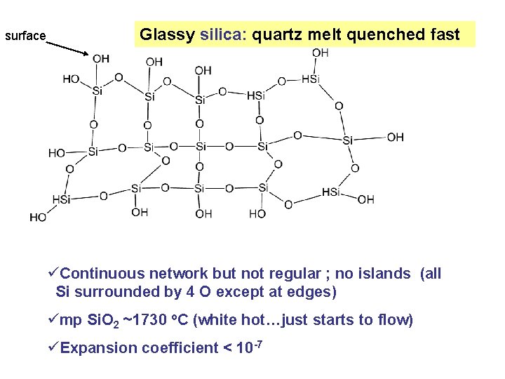 surface Glassy silica: quartz melt quenched fast üContinuous network but not regular ; no