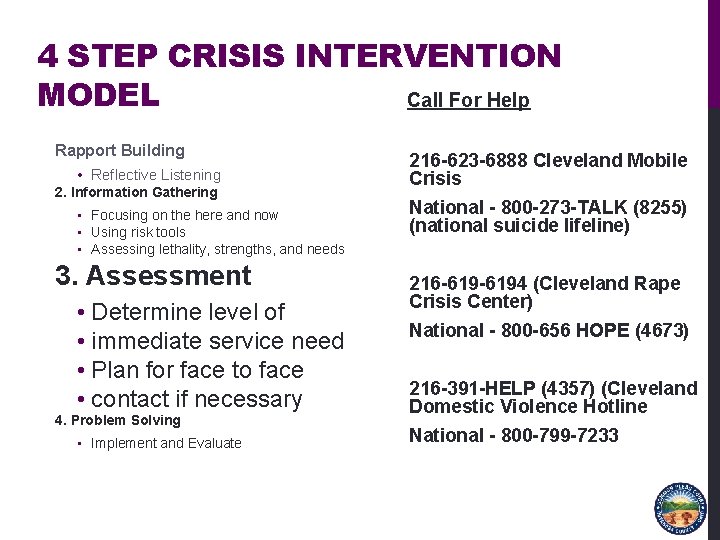 4 STEP CRISIS INTERVENTION MODEL Call For Help Rapport Building • Reflective Listening 2.