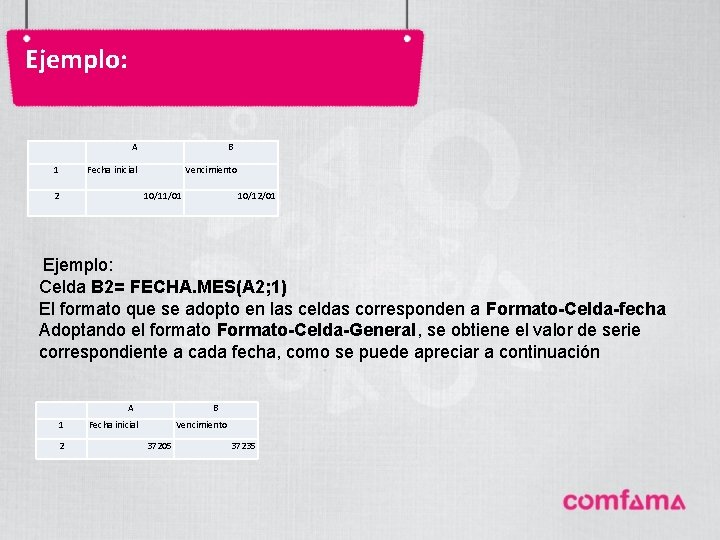 Ejemplo: A 1 B Fecha inicial 2 Vencimiento 10/11/01 10/12/01 Ejemplo: Celda B 2=