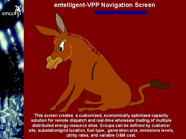 entelligent-VPP Navigation Screen This screen creates a customized, economically optimized capacity solution for remote