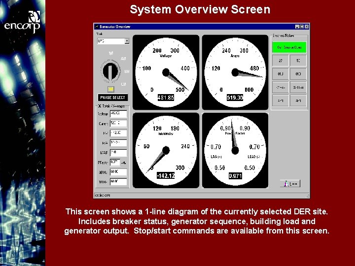 System Overview Screen This screen shows a 1 -line diagram of the currently selected
