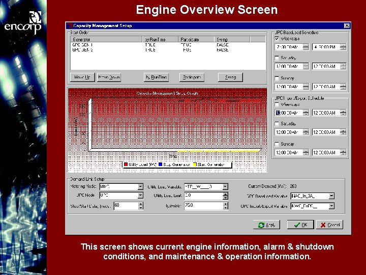 Engine Overview Screen This screen shows current engine information, alarm & shutdown conditions, and