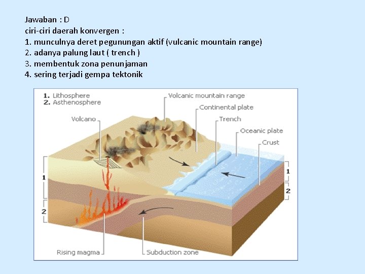 Jawaban : D ciri-ciri daerah konvergen : 1. munculnya deret pegunungan aktif (vulcanic mountain