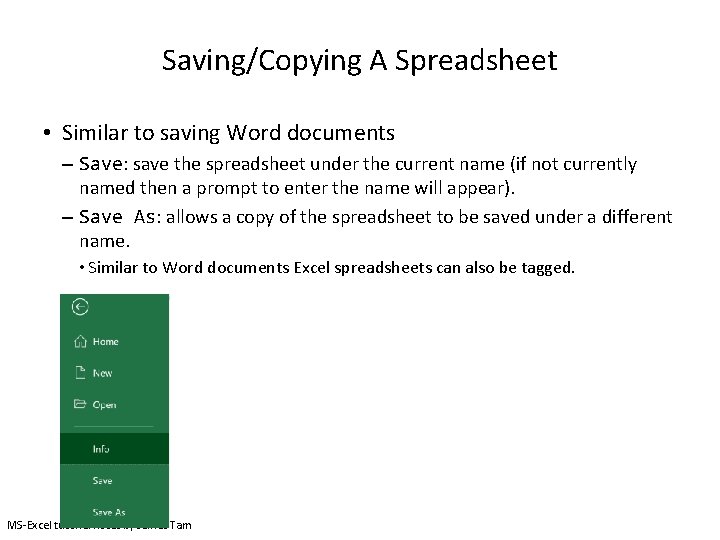 Saving/Copying A Spreadsheet • Similar to saving Word documents – Save: save the spreadsheet