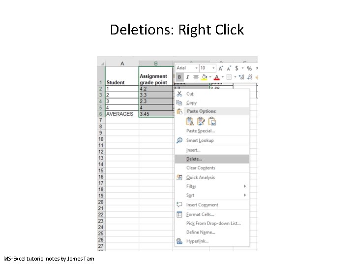 Deletions: Right Click MS-Excel tutorial notes by James Tam 