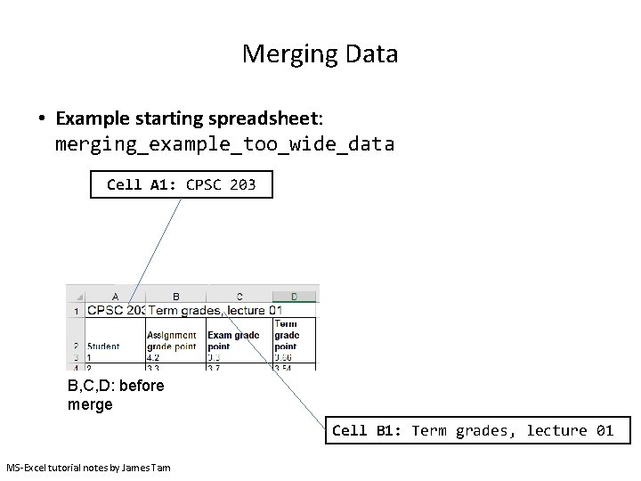 Merging Data • Example starting spreadsheet: merging_example_too_wide_data Cell A 1: CPSC 203 B, C,