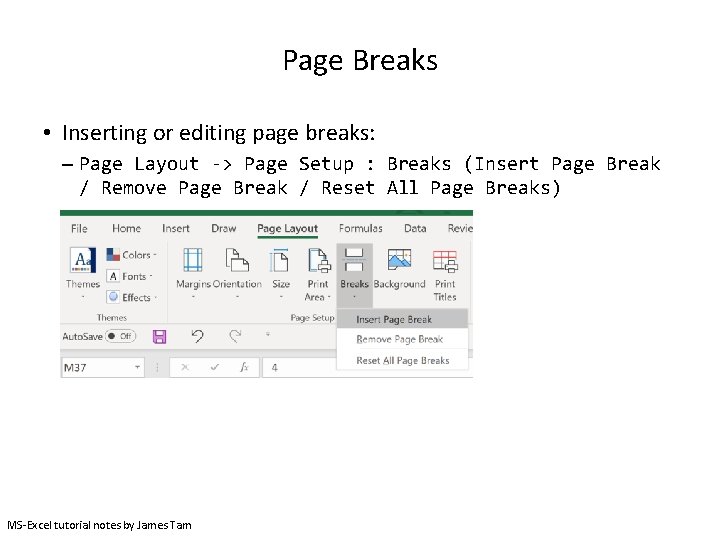 Page Breaks • Inserting or editing page breaks: – Page Layout -> Page Setup