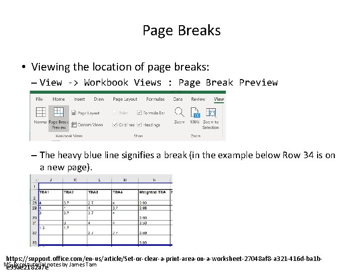 Page Breaks • Viewing the location of page breaks: – View -> Workbook Views