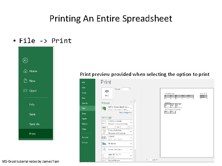 Printing An Entire Spreadsheet • File -> Print preview provided when selecting the option