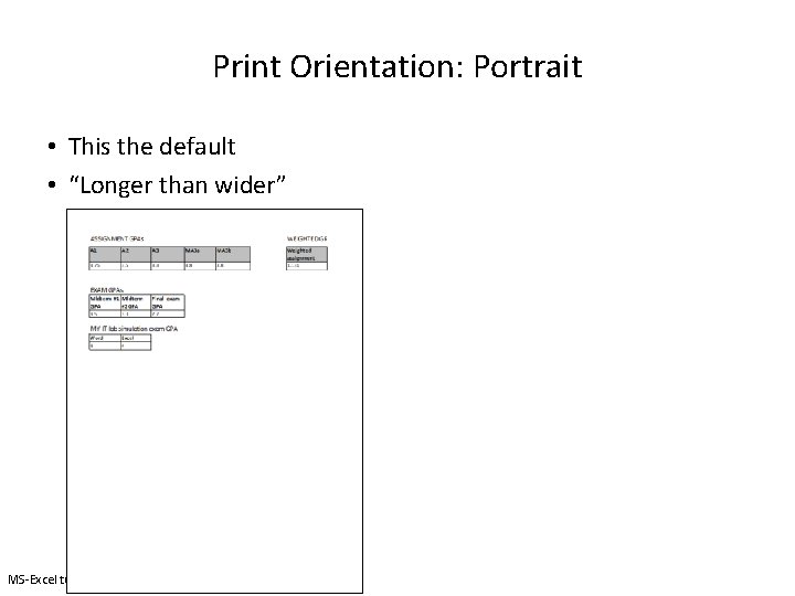 Print Orientation: Portrait • This the default • “Longer than wider” MS-Excel tutorial notes