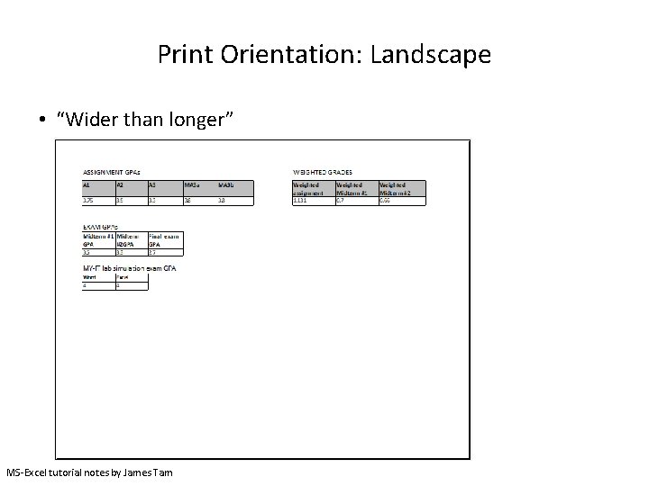 Print Orientation: Landscape • “Wider than longer” MS-Excel tutorial notes by James Tam 