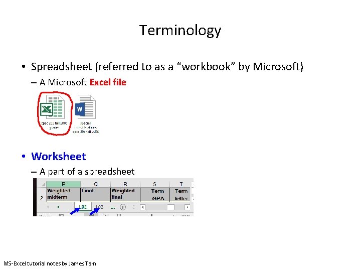 Terminology • Spreadsheet (referred to as a “workbook” by Microsoft) – A Microsoft Excel