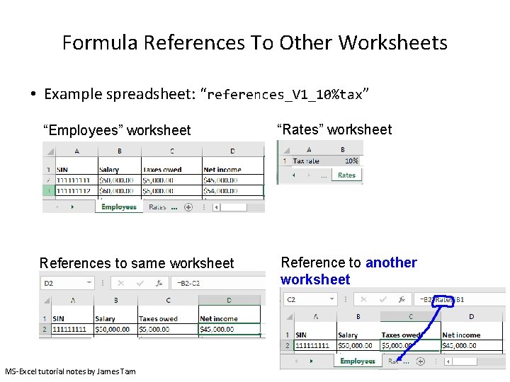 Formula References To Other Worksheets • Example spreadsheet: “references_V 1_10%tax” “Employees” worksheet “Rates” worksheet