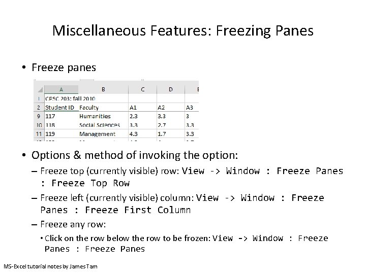 Miscellaneous Features: Freezing Panes • Freeze panes • Options & method of invoking the