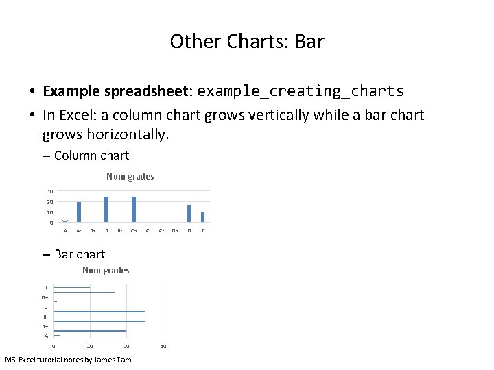 Other Charts: Bar • Example spreadsheet: example_creating_charts • In Excel: a column chart grows