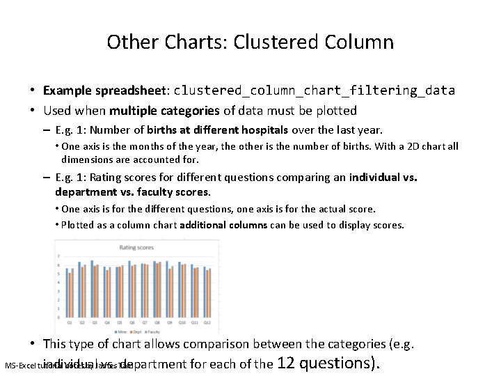 Other Charts: Clustered Column • Example spreadsheet: clustered_column_chart_filtering_data • Used when multiple categories of