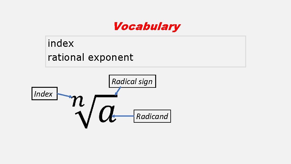 Vocabulary index rational exponent Radical sign Index Radicand 