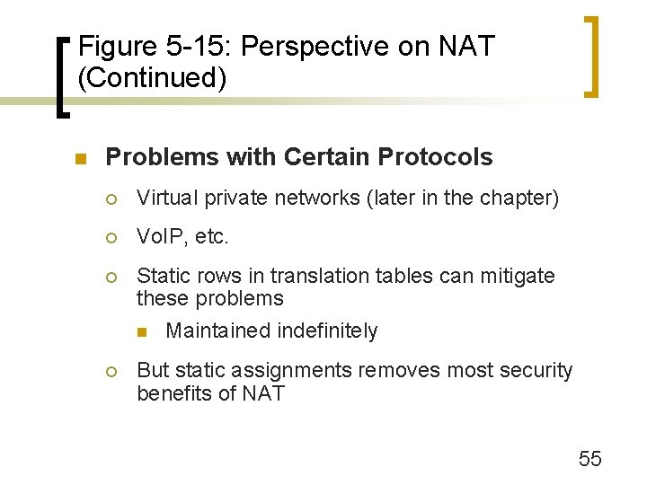 Figure 5 -15: Perspective on NAT (Continued) n Problems with Certain Protocols ¡ Virtual