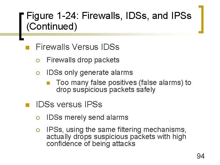 Figure 1 -24: Firewalls, IDSs, and IPSs (Continued) n n Firewalls Versus IDSs ¡
