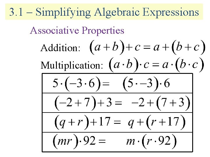 3. 1 – Simplifying Algebraic Expressions Associative Properties Addition: Multiplication: 