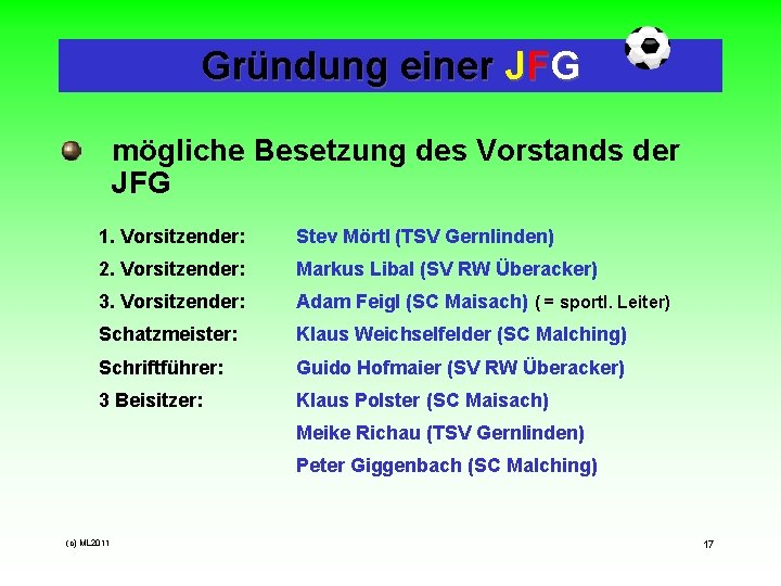 Gründung einer JFG mögliche Besetzung des Vorstands der JFG 1. Vorsitzender: Stev Mörtl (TSV