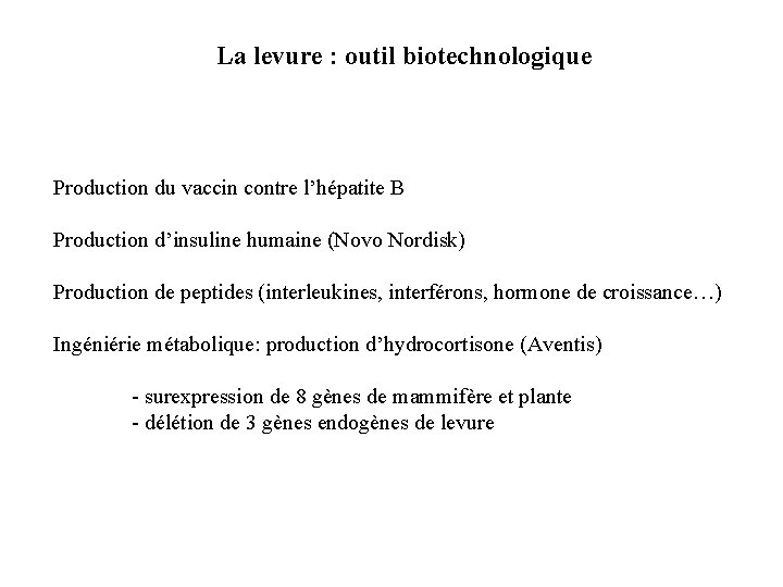 La levure : outil biotechnologique Production du vaccin contre l’hépatite B Production d’insuline humaine