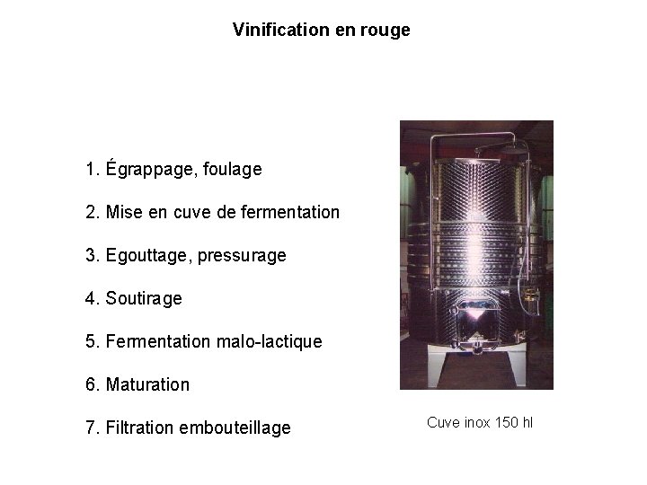 Vinification en rouge 1. Égrappage, foulage 2. Mise en cuve de fermentation 3. Egouttage,