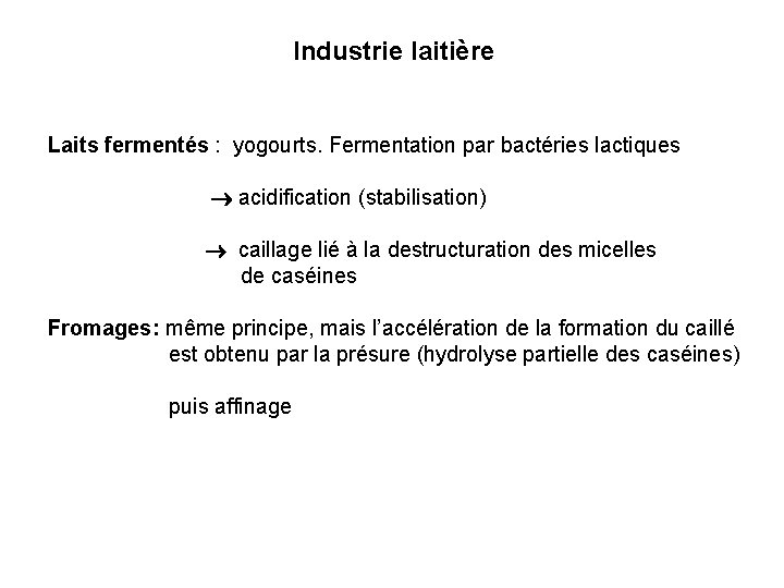 Industrie laitière Laits fermentés : yogourts. Fermentation par bactéries lactiques acidification (stabilisation) caillage lié