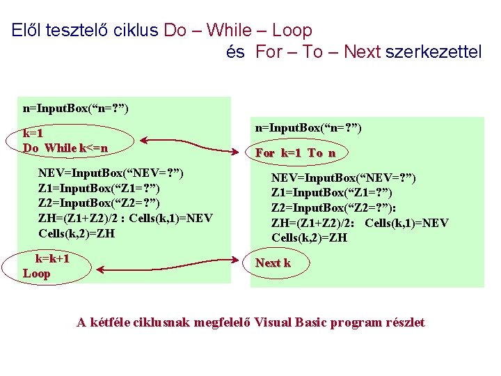 Elől tesztelő ciklus Do – While – Loop és For – To – Next