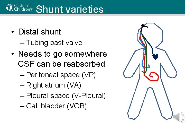 Shunt varieties • Distal shunt – Tubing past valve • Needs to go somewhere