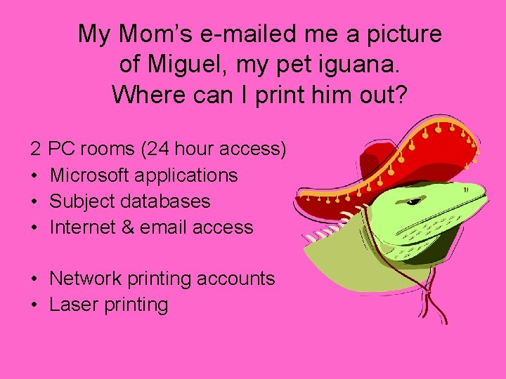 My Mom’s e-mailed me a picture of Miguel, my pet iguana. Where can I