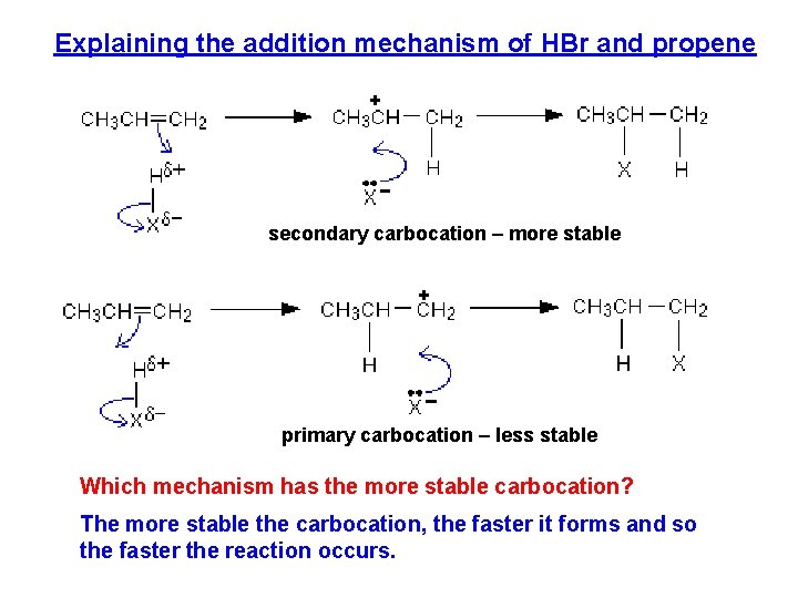 Explaining the addition mechanism of HBr and propene secondary carbocation – more stable primary