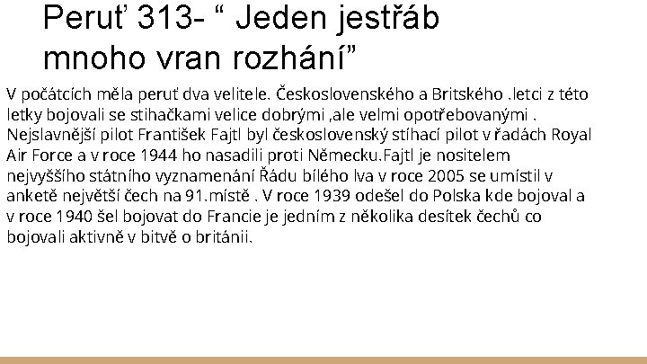 Peruť 313 - “ Jeden jestřáb mnoho vran rozhání” V počátcích měla peruť dva