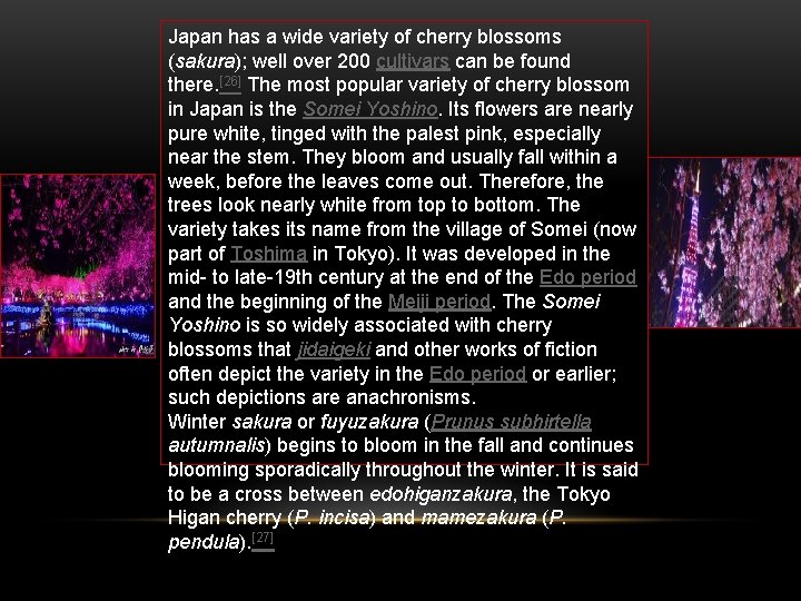 Japan has a wide variety of cherry blossoms (sakura); well over 200 cultivars can