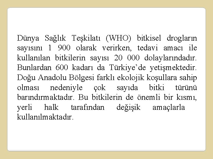 Dünya Sağlık Teşkilatı (WHO) bitkisel drogların sayısını 1 900 olarak verirken, tedavi amacı ile