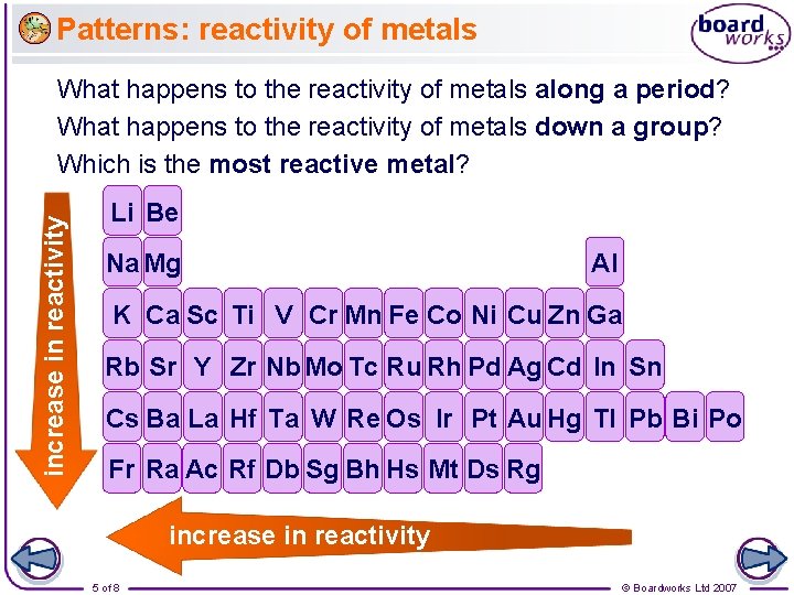 Patterns: reactivity of metals increase in reactivity What happens to the reactivity of metals
