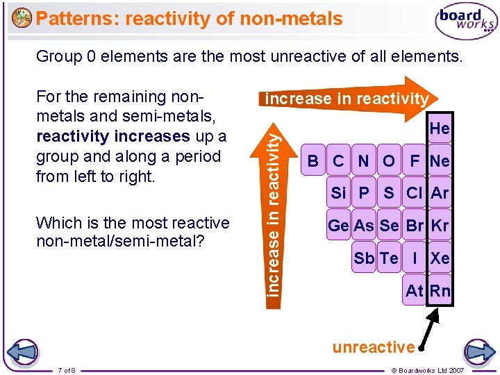 Patterns: reactivity of non-metals Group 0 elements are the most unreactive of all elements.