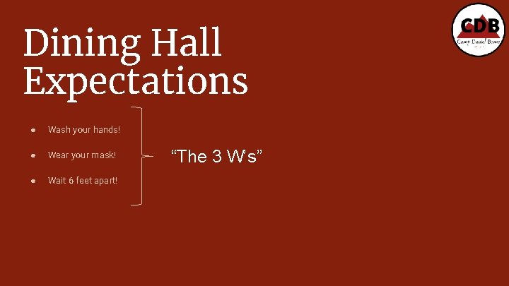 Dining Hall Expectations ● Wash your hands! ● Wear your mask! ● Wait 6