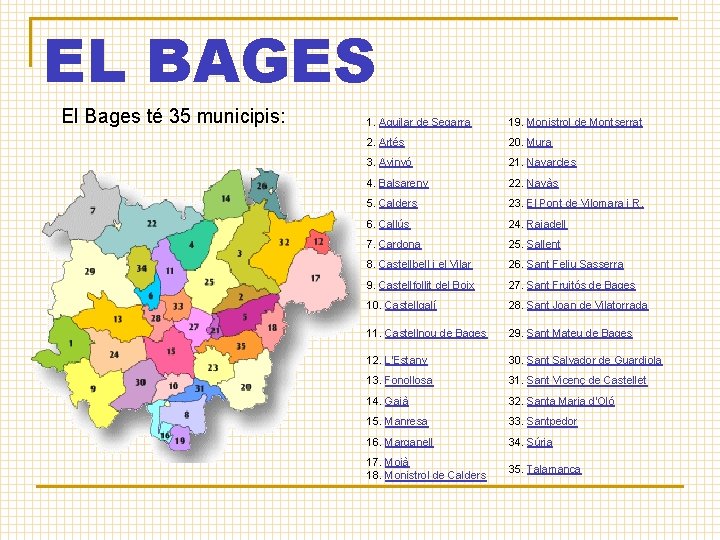 EL BAGES El Bages té 35 municipis: 1. Aguilar de Segarra 19. Monistrol de