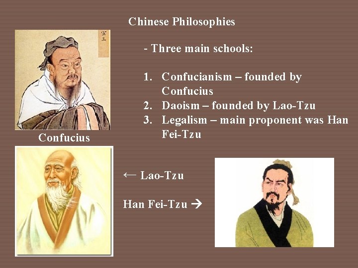 Chinese Philosophies - Three main schools: Confucius 1. Confucianism – founded by Confucius 2.