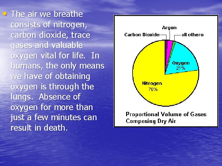  • The air we breathe consists of nitrogen, carbon dioxide, trace gases and