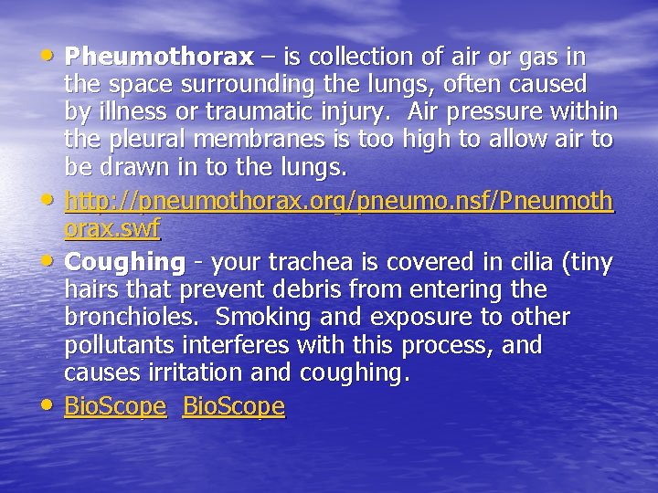  • Pheumothorax – is collection of air or gas in • • •