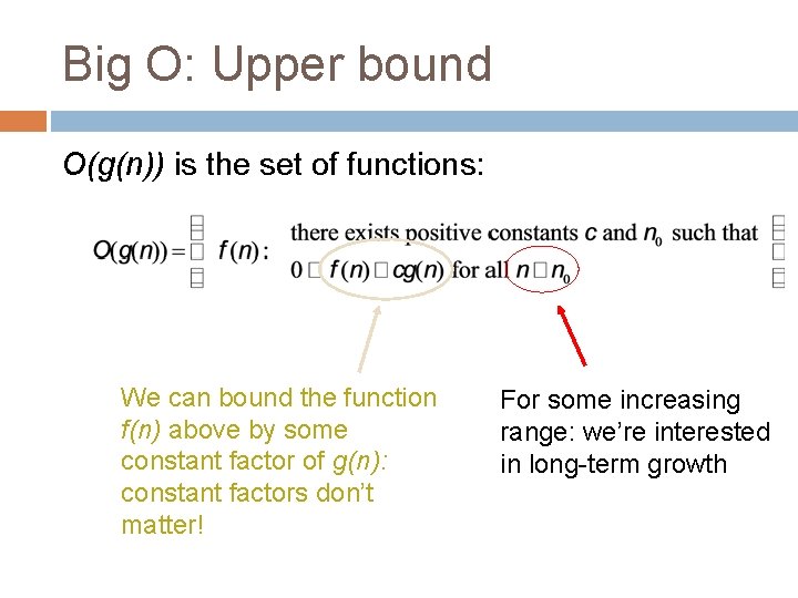 Big O: Upper bound O(g(n)) is the set of functions: We can bound the