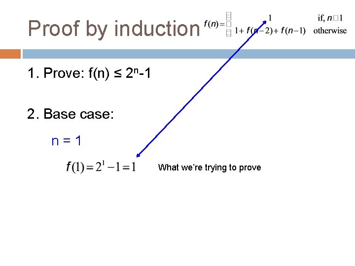 Proof by induction 1. Prove: f(n) ≤ 2 n-1 2. Base case: n=1 What