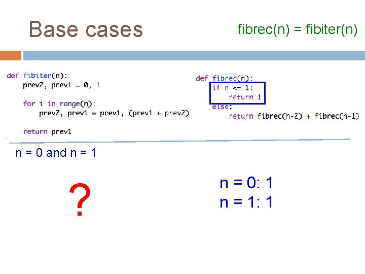 Base cases fibrec(n) = fibiter(n) n = 0 and n = 1 ? n