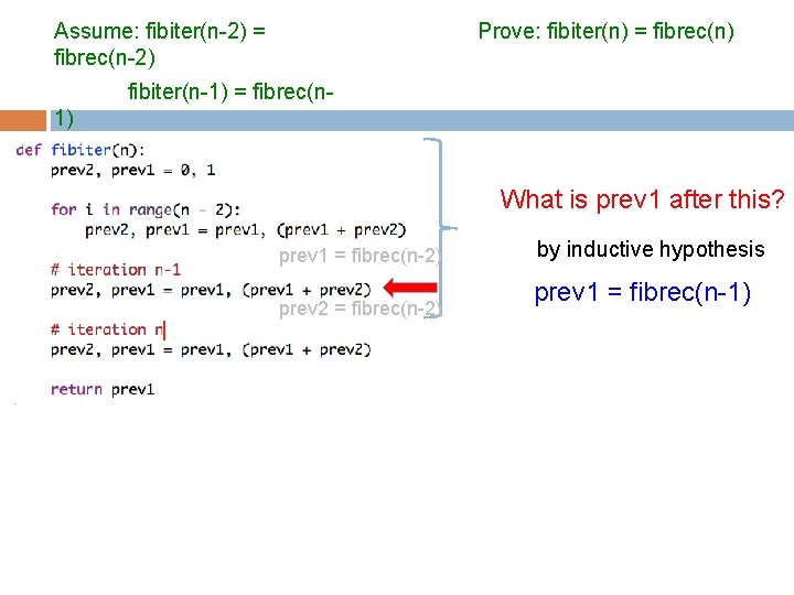 Assume: fibiter(n-2) = fibrec(n-2) Prove: fibiter(n) = fibrec(n) fibiter(n-1) = fibrec(n 1) What is